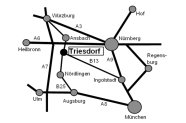 Triesdorf liegt zwischen Ansbach und Nördlingen, erreichbar am besten über die A6, Autobahnausfahrt 52 Ansbach, Fahrtrichtung Gunzenhausen.